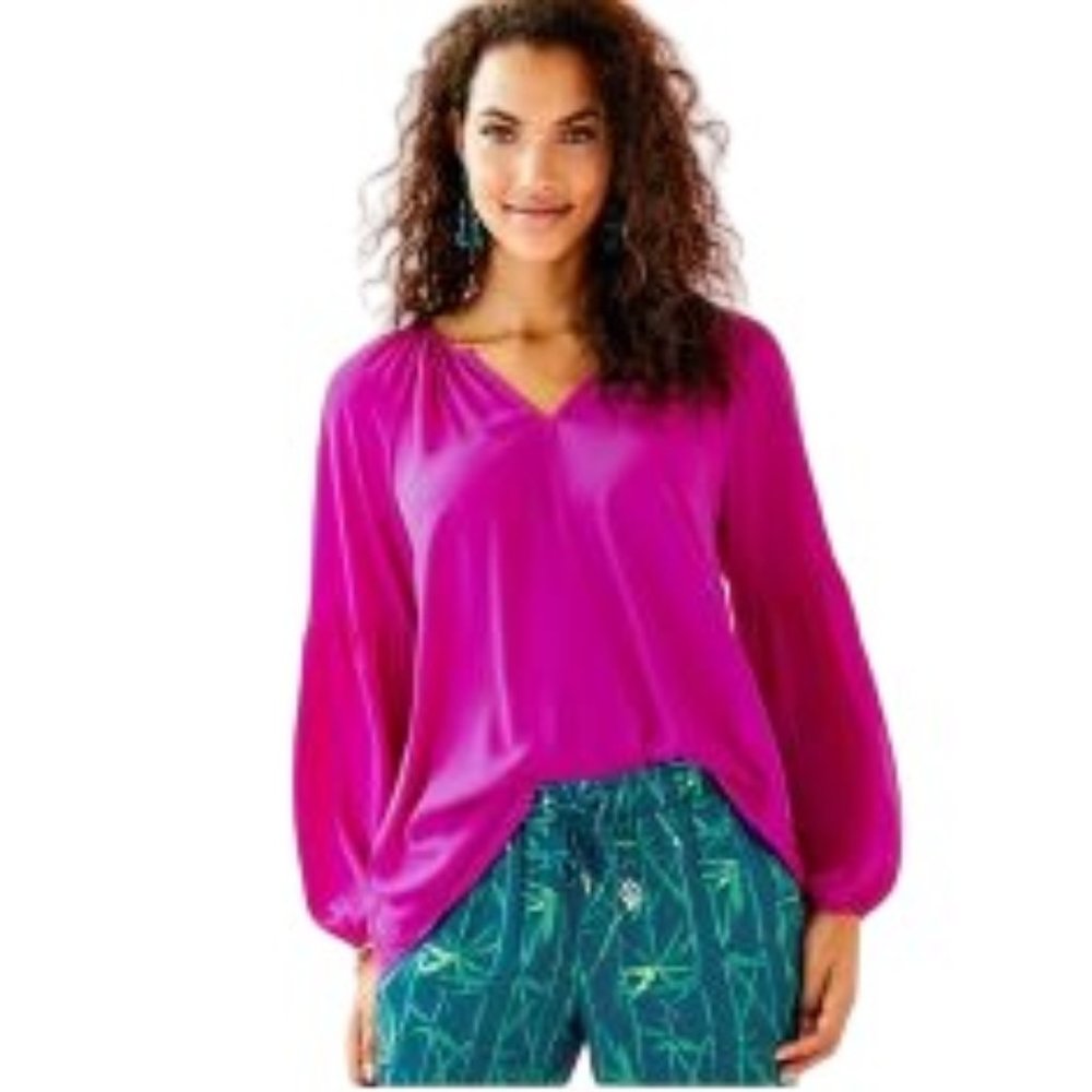 Lilly Pulitzer Top Size XS Fuchsia Pink Charleigh Long Sleeves V-Neck NWT NEW